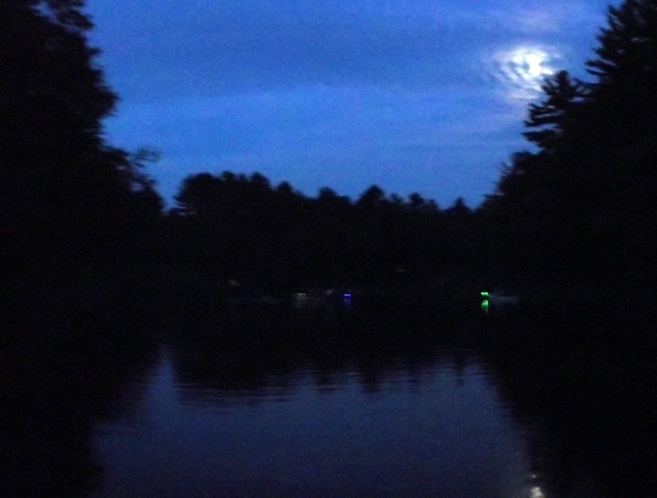 The blue and green lights on our kayaks let us keep track of each other as we paddle back by moonlight.